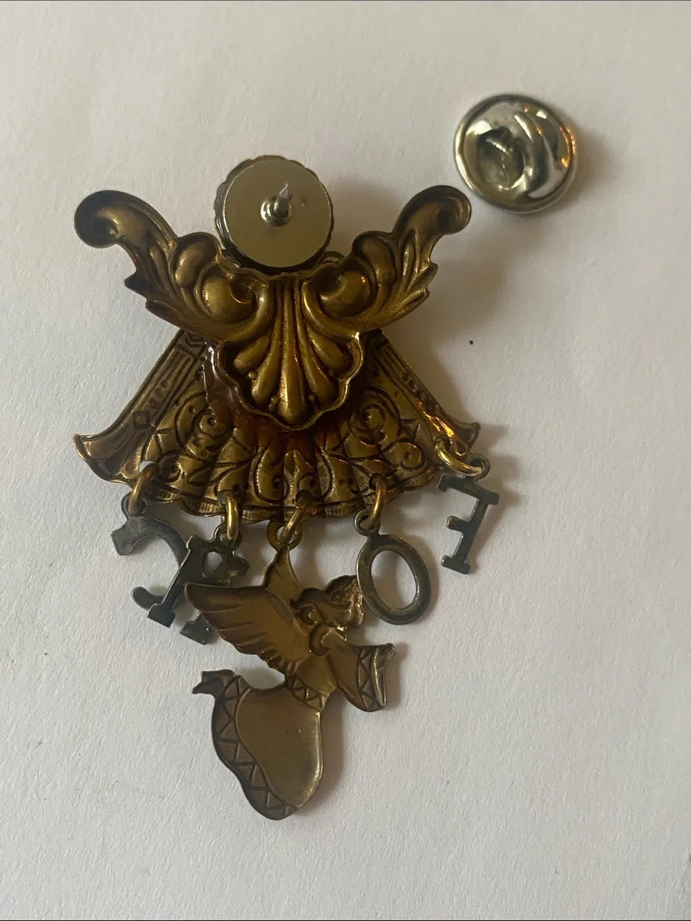 Vintage Gold Angel Brooch with Dangling Letters